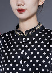 Italian Black Stand Collar Dot Print Side Open Silk Two Pieces Set Summer