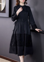 Italian Black Stand Collar Embroidered Patchwork Cotton Trench Long Sleeve