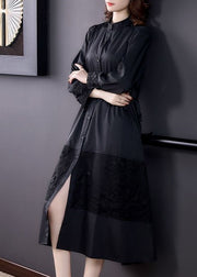 Italian Black Stand Collar Embroidered Patchwork Cotton Trench Long Sleeve