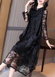 Italian Black Stand Collar Embroidered Pockets Patchwork Tulle Dress Fall