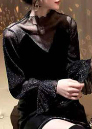 Italian Black Stand Collar Lace Patchwork Velour Tops Bottoming Shirt