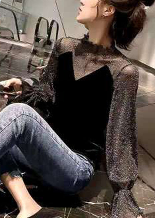 Italian Black Stand Collar Lace Patchwork Velour Tops Bottoming Shirt