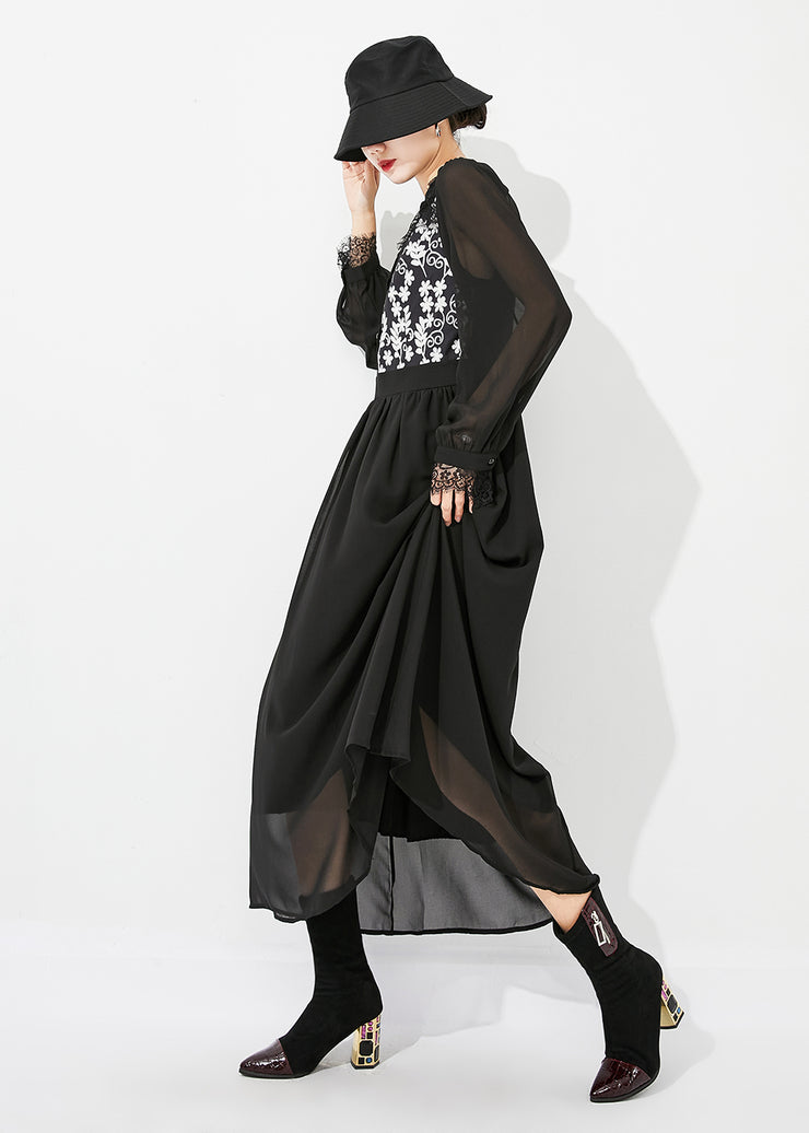 Italian Black Stand Collar Patchwork Exra Large Hem Chiffon Vacation Dresses Spring