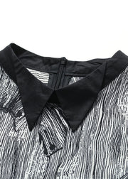 Italian Black Stand Collar Print Patchwork Exra Large Hem Chiffon Blouse Top Bracelet Sleeve