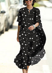 Italian Black Star Print Button Vacation Long Dresses Short Sleeve
