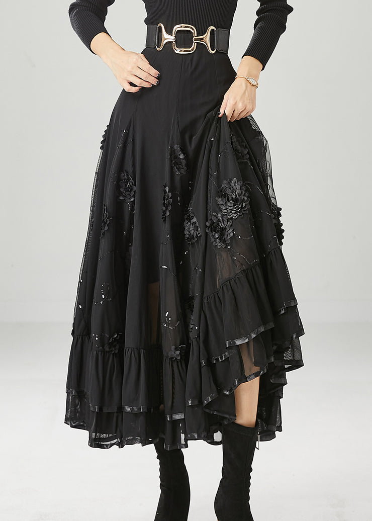 Italian Black Stereoscopic Floral Chiffon A Line Skirt Fall