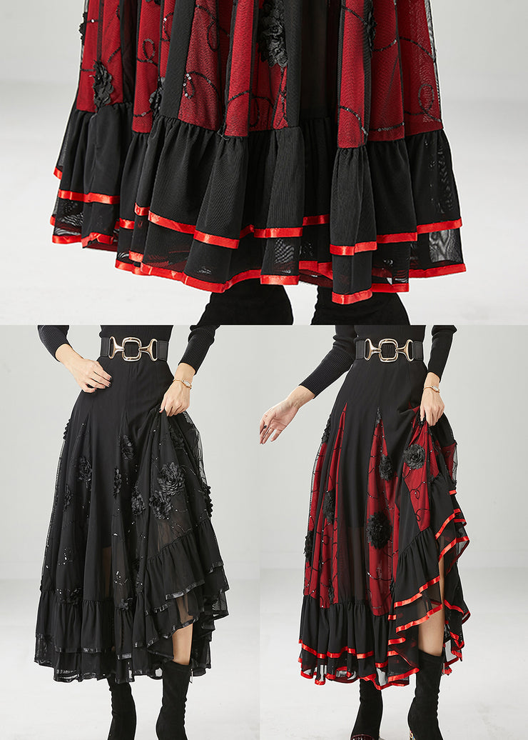 Italian Black Stereoscopic Floral Chiffon A Line Skirt Fall