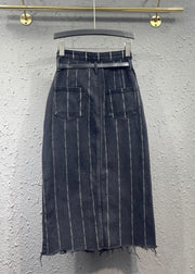 Italian Black Striped Front Open Pockets Patchwork Denim Skirt Fall