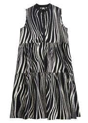 Italian Black Striped Stand Collar Patchwork Button Long Dress Summer