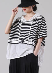 Italian Black Striped hooded Cotton Top Summer - SooLinen