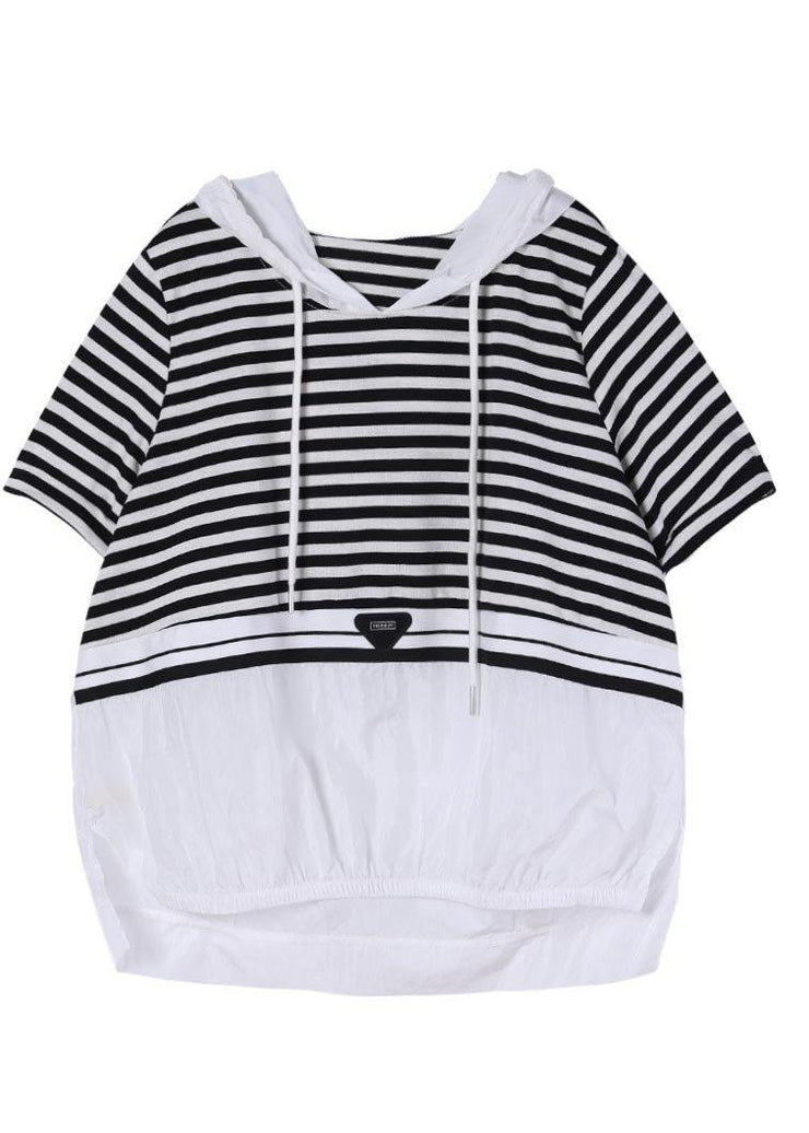 Italian Black Striped hooded Cotton Top Summer - SooLinen