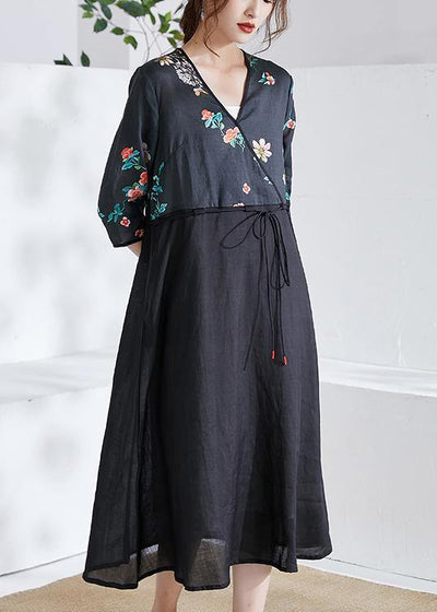 Italian Black Tie Waist Patchwork Print Summer Ramie Shirts - SooLinen