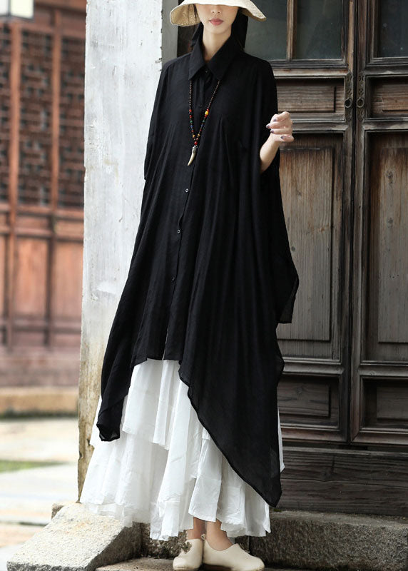 Italienisches schwarzes Umlegekragen, asymmetrisches Design, Baumwolle, langes Hemd, Fledermausärmel