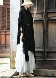 Italian Black Turn-down Collar Asymmetrical Design Cotton Long Shirt Batwing Sleeve