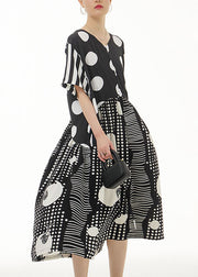 Italian Black V Neck Asymmetrical Design Print Chiffon Dress Summer
