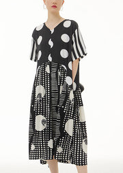 Italian Black V Neck Asymmetrical Design Print Chiffon Dress Summer