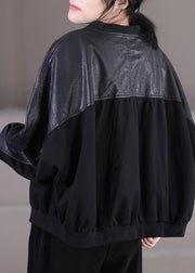 Italienischer schwarzer V-Ausschnitt, Knopftaschen, Kunstleder-Patchwork-Strickmantel mit langen Ärmeln