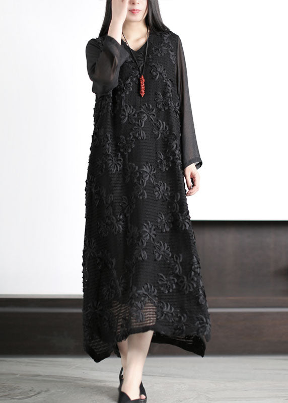 Italian Black V Neck Floral Hollow Out Patchwork Cotton Dress Long Sleeve