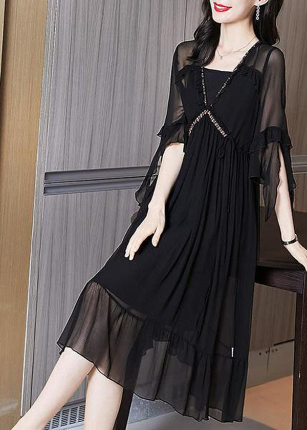 Italian Black V Neck Hollow Out Wrinkled Print Chiffon Dress Flare Sleeve