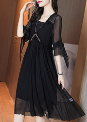 Italian Black V Neck Hollow Out Wrinkled Print Chiffon Dress Flare Sleeve