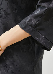 Italian Black V Neck Jacquard Silk Shirts Bracelet Sleeve