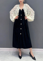 Italian Black V Neck Lace Patchwork Velour Long Dress Fall