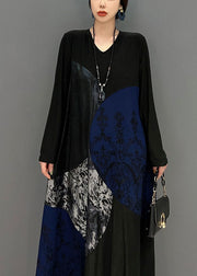 Italian Black V Neck Patchwork Jacquard Silk Ankle Dress Spring