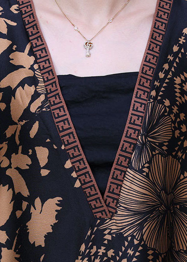 Italian Black V Neck Patchwork Print Silk Maxi Dress Half Sleeve