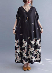 Italian Black V Neck Pockets Print Summer Holiday Dress Short Sleeve - SooLinen