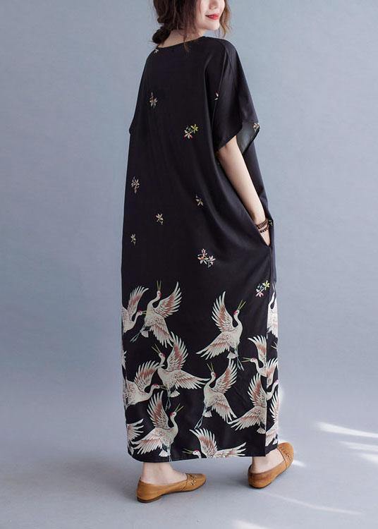 Italian Black V Neck Pockets Print Summer Holiday Dress Short Sleeve - SooLinen