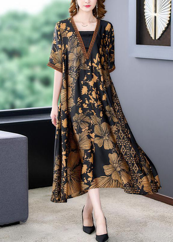 Italian Black V Neck Print Exra Large Hem Draping Silk Dress Summer
