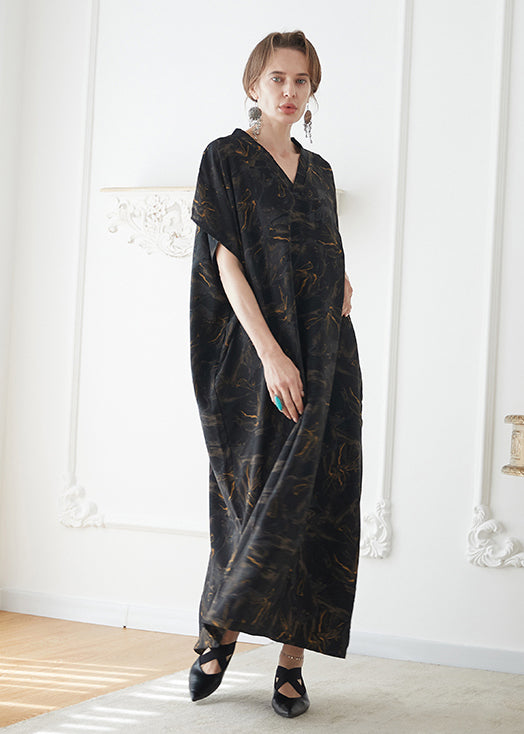 Italian Black V Neck Print Pockets Chiffon Robe Dress Summer