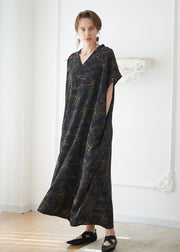 Italian Black V Neck Print Pockets Chiffon Robe Dress Summer