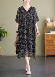 Italian Black V Neck Print Wrinkled Patchwork Chiffon Dress Summer