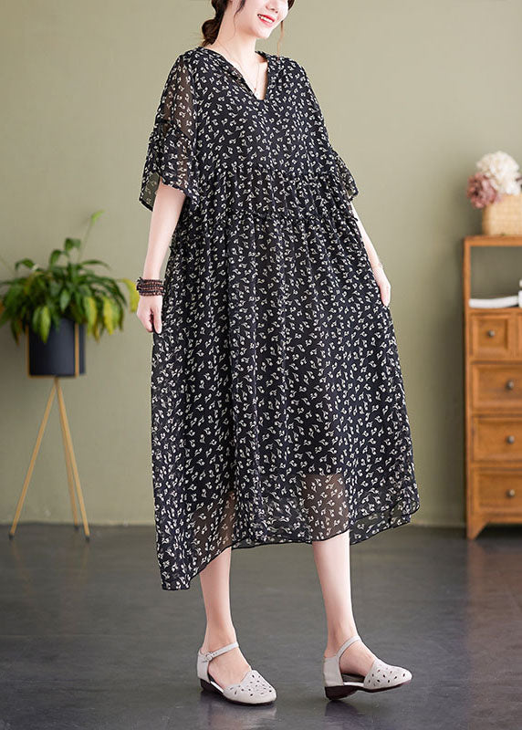 Italian Black V Neck Print Wrinkled Patchwork Chiffon Dress Summer
