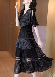 Italian Black V Neck Wrinkled Patchwork Chiffon Long Dresses Summer