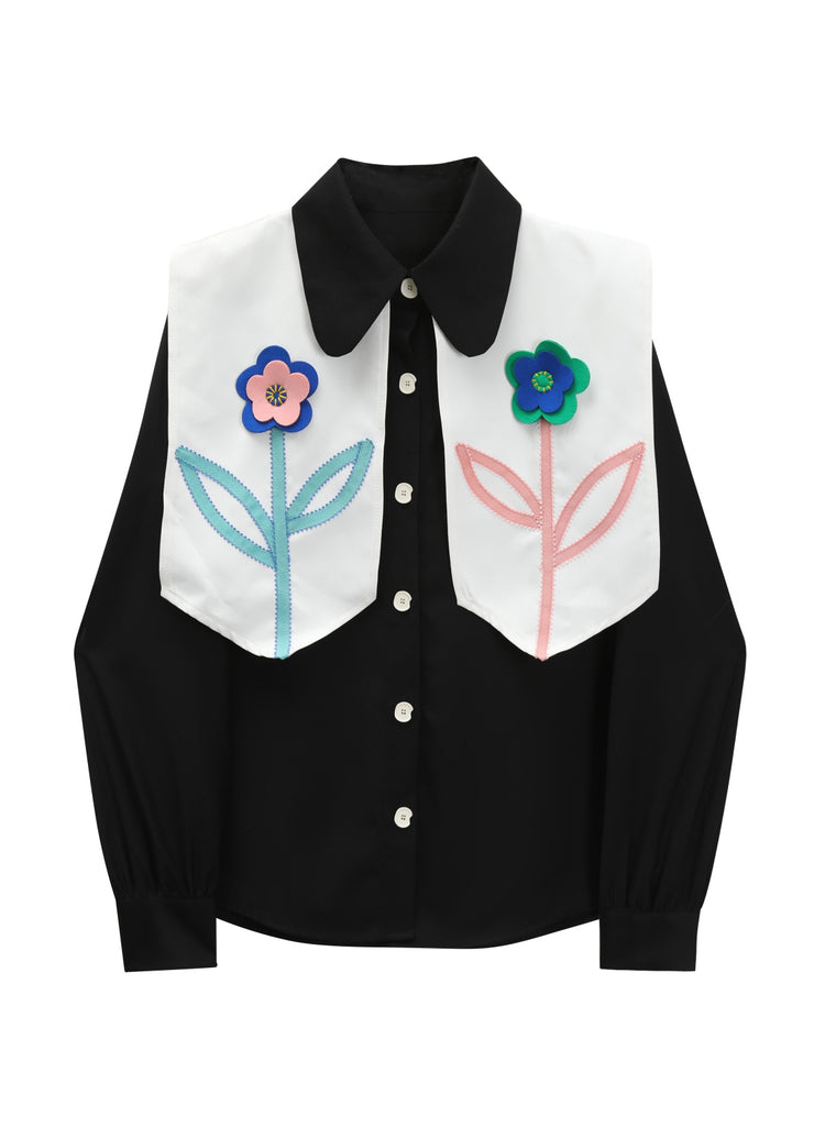 Italian Black White Floral Peter Pan Collar Button Cape Shirts Long Sleeve