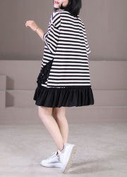Italian Black White Striped O-Neck Patchwork Ruffled Robe Dresses Short Sleeve
