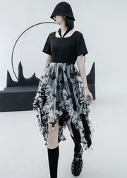 Italienisch Schwarz Weiß Tüll Patchwork Asymmetrisches Design Rüschen Baumwolle Cinch Kleider Sommer