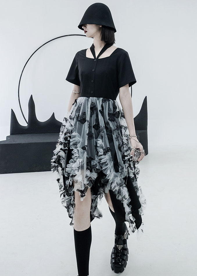 Italian Black White Tulle Patchwork Asymmetrical Design Ruffled Cotton Cinch Dresses Summer
