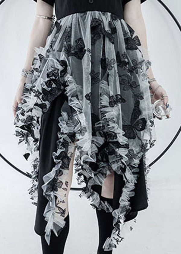 Italian Black White Tulle Patchwork Asymmetrical Design Ruffled Cotton Cinch Dresses Summer