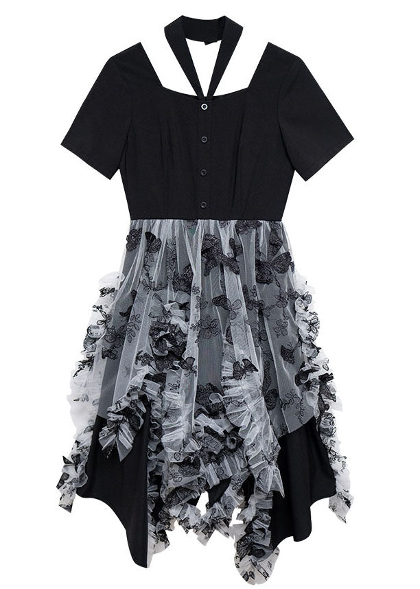 Italienisch Schwarz Weiß Tüll Patchwork Asymmetrisches Design Rüschen Baumwolle Cinch Kleider Sommer