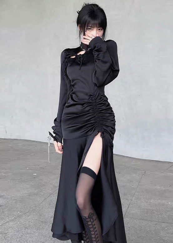 Italian Black Wrinkled Lace Up Side Open Silk Long Dresses Fall