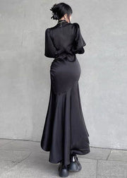 Italian Black Wrinkled Lace Up Side Open Silk Long Dresses Fall