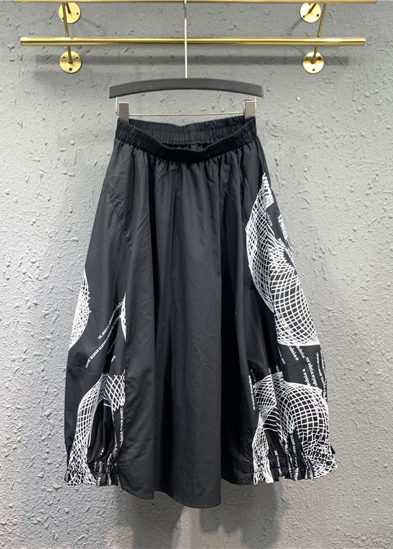 Italian Black Wrinkled Print Patchwork Cotton Skirts Fall