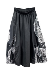 Italian Black Wrinkled Print Patchwork Cotton Skirts Fall