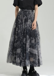 Italian Black Wrinkled Print Patchwork Tulle Skirts Summer