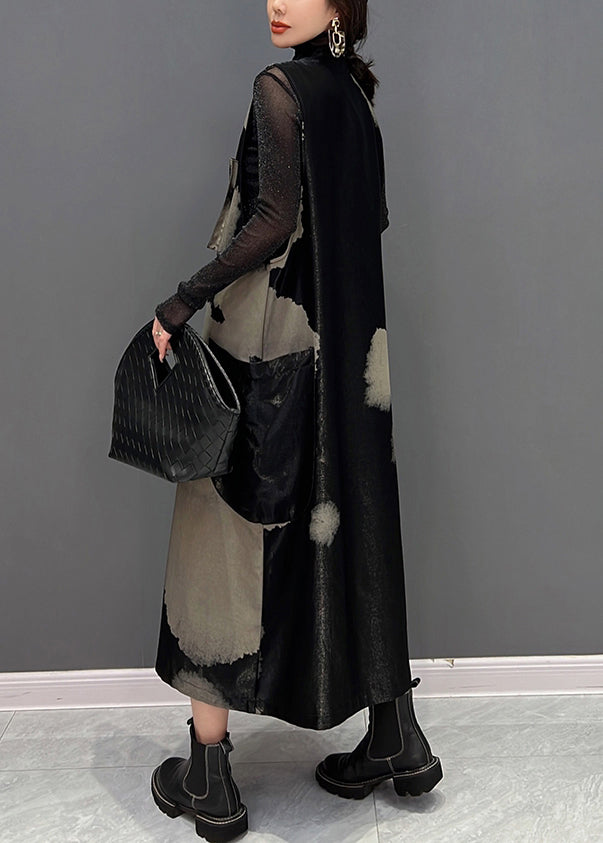 Italian Black Zip Up Patchwork Cotton Long Dresses Sleeveless