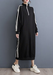 Italian Black Zip Up Patchwork Loose Cotton Long Dresses Fall