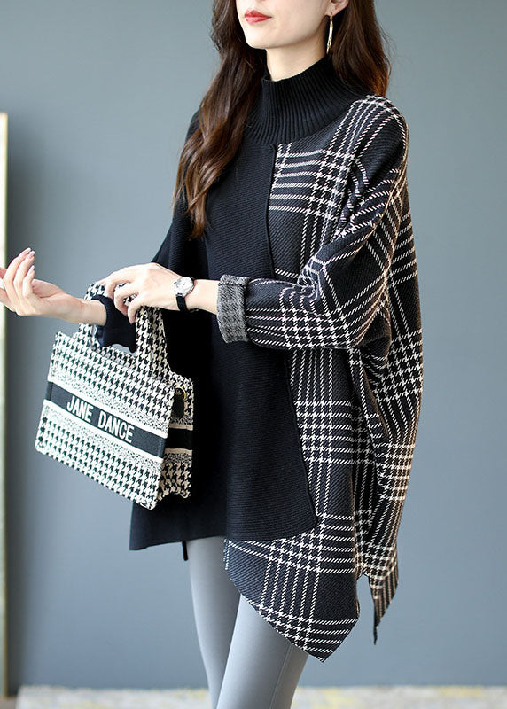 Italian Black asymmetrical design Patchwork Plaid Fall Knit sweaters